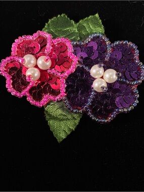 Handcrafted Pink & Purple Sequin Flower Brooch with Pearl Accents
